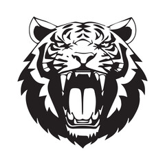 Set of tiger heads with open mouth and bared fangs, with different angry expressions of the muzzle. Symbols for tattoo, emblem or logo, isolated on a white background.