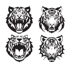 Set of tiger heads with open mouth and bared fangs, with different angry expressions of the muzzle. Symbols for tattoo, emblem or logo, isolated on a white background.