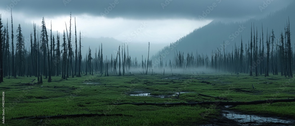 Poster a forest with dead trees and a misty mountain in the background.