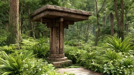 Ancient stone table in lush jungle