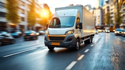 Fast Delivery Truck in Motion on City Street at Sunset for Logistics