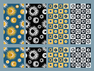set of whimsical 90s vector seamless pattern background wallpaper social media stories checkered sun moon astrology design