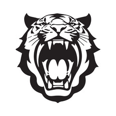 Set of tiger heads with open mouth and bared fangs, with different angry expressions of the muzzle. Symbols for tattoo, emblem or logo, isolated on a white background.