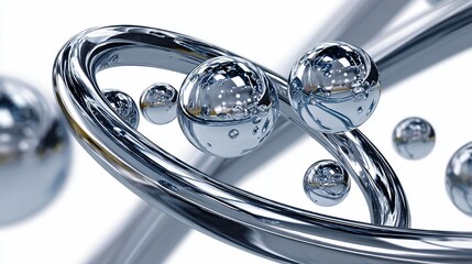Chrome spheres orbit polished rings, abstract 3D render