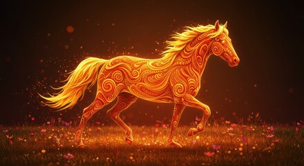 Stylized Digital Illustration of a Horse Galloping in a Glowing Meadow