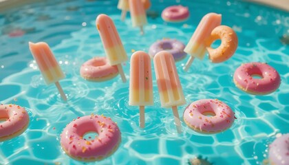 Whimsical Summer Scene Pastel Popsicles and Donuts Floating in a Pool