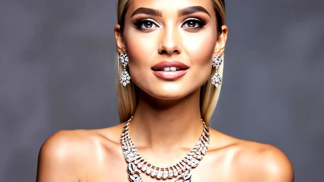 Close-up portrait of woman with blonde hair, dramatic makeup and diamond jewelry