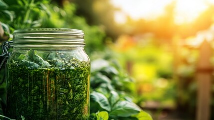 Fresh green pesto stored in a clear glass jar