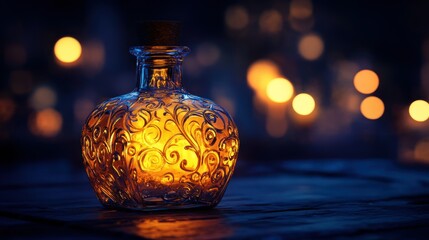 Decorative illuminated glass bottle with ornate embossed patterns in the dark