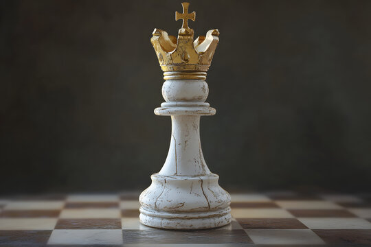 White queen chess piece with a golden crown on a chessboard, symbolizing strategy, intelligence, and power in competitive board games, leadership and tactical decision-making

