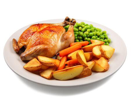: a white circular plate of a traditional roast chicken with roast potatoes, roast carrots, peas realistic food photo on a transparent background 