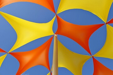 Outdoor decoration for event celebrations. Colorful pennants in vibrant yellow and red colors against a blue sky on a sunny day,