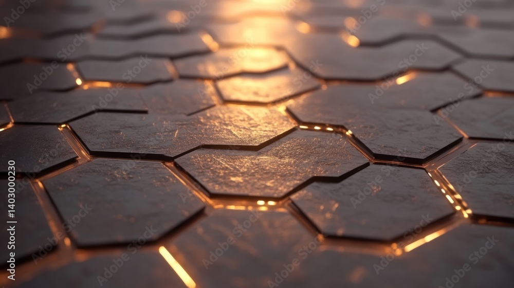 Poster abstract hexagonal stone surface with golden light accents creates a captivating visual texture