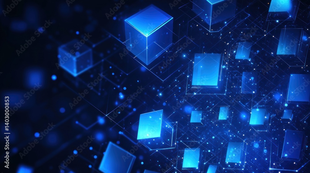 Poster futuristic data stream visualization with glowing cubes and connections