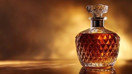 A decorative crystal decanter filled with amber colored liquid