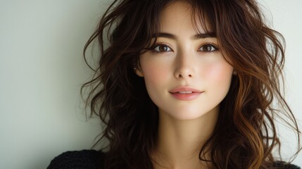 Fototapeta premium Portrait of a beautiful woman with wavy brown hair and a gentle expression