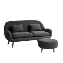 Fototapeta premium Mid-Century Modern Dark Gray Sofa with Curved Shape and Wooden Legs, Matching Ottoman on White Background