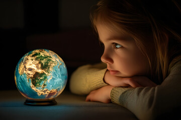 Curious girl staring at glowing globe in dark room, child learning geography and planet Earth, symbol of global awareness, education, imagination and environmental consciousness