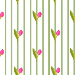 Seamless pattern with tulips on a background of lines, graphic pattern, stripes