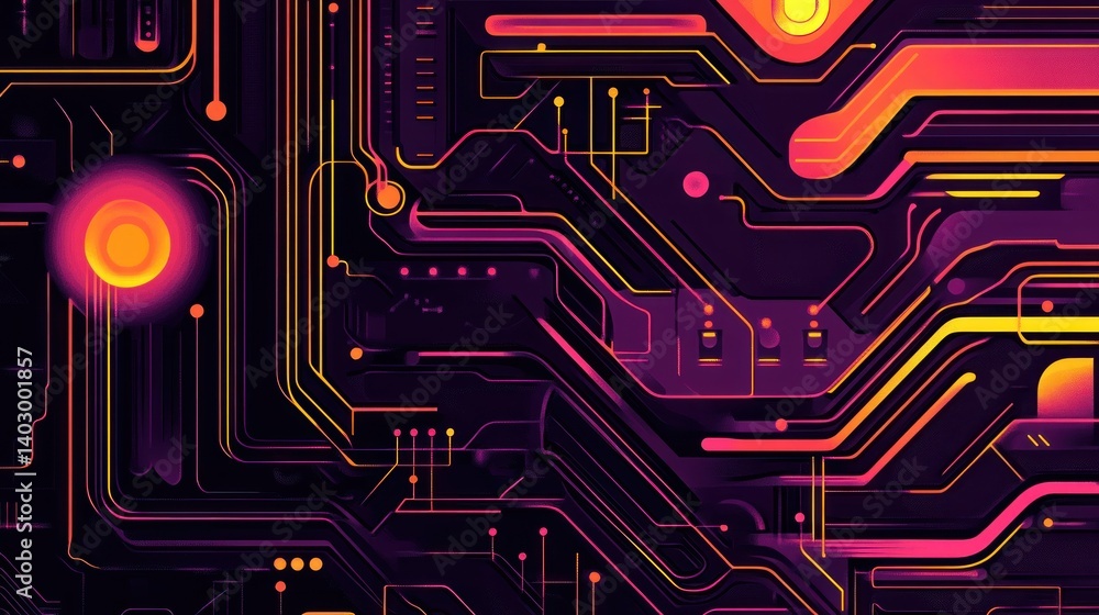 Poster abstract technology background with vibrant circuits and glowing nodes