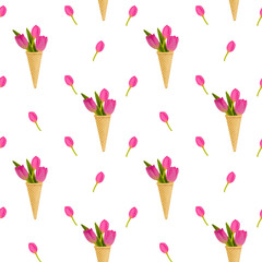 Seamless pattern with pink tulips, spring summer flowers hand drawn, fabric pattern.