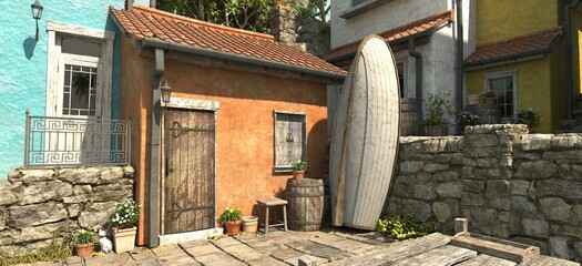 Photorealistic 3D illustration of a sun-drenched Mediterranean coastal alley with stone walls, rustic buildings, an upturned boat, barrel, and potted plants.