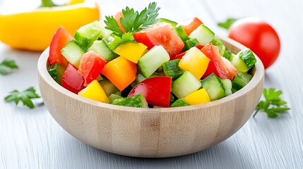 Colorful Fresh Vegetable Salad in Wooden Bowl with Ingredients on Table
