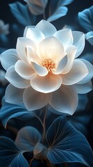 Fototapeta premium Luminous white lotus flower with delicate petals and soft blue leaves phone wallpaper