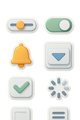 3d ui icon set for apps: slider, toggle, bell, dropdown, check, loader, list