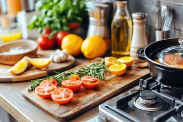 Kitchen scene with fresh ingredients