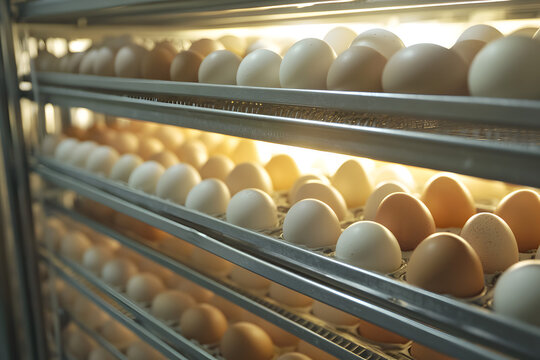 Multiple eggs arranged in commercial incubator trays under warm light, poultry hatchery facility interior with egg racks, farming industry concept and food production background