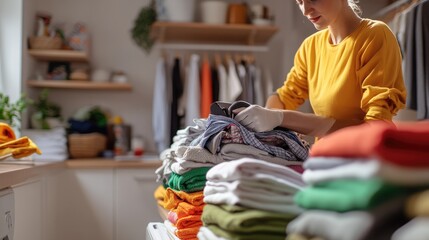 Obraz premium Woman ironing laundry in a bright home setting, focus on domestic care