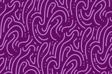 Background  pattern featuring flowing, hand-drawn lilac lines and dots over a deep purple background. The organic, perfect choice for modern textiles, wallpapers, web design, packaging