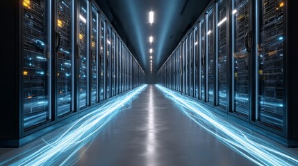 Fototapeta premium Data center's server room, illuminated pathway