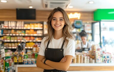 Woman cashier smiling at store