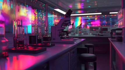 Futuristic Neon Laboratory with Microscope and Research Glassware