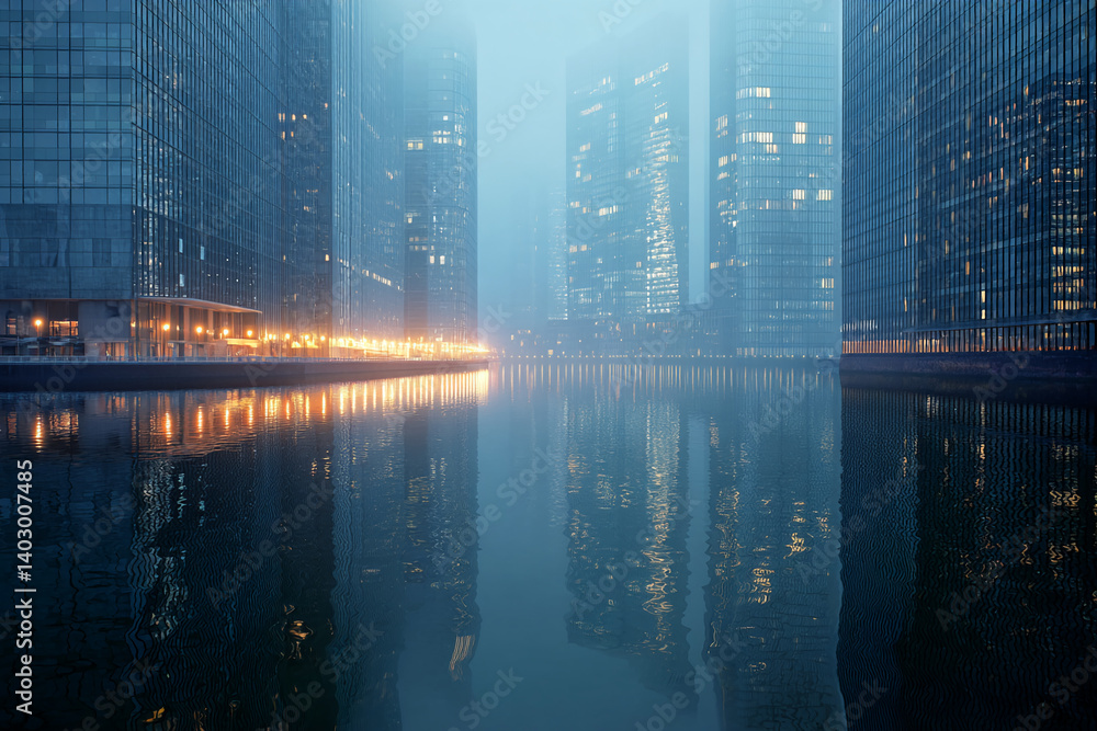 Poster misty cityscape reflected in calm water, showcasing modern architecture at dawn or dusk, symbolizing