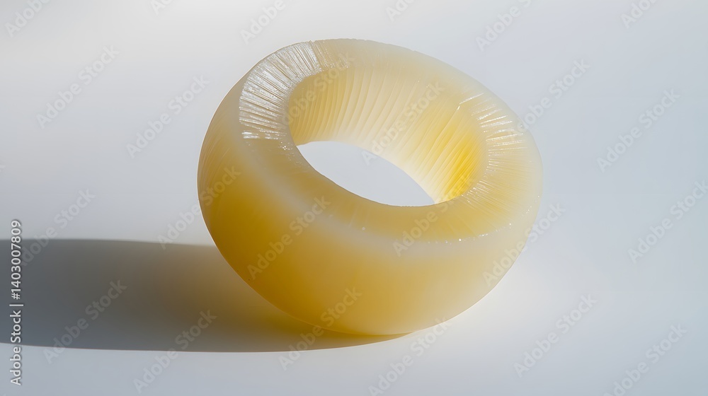 Poster a close-up shot of a pale yellow, ring-shaped object with intricate, grooved textures. it rests on a
