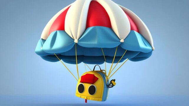 Colorful cartoon-style parachute toy descending against a soft blue background, ideal for children's media