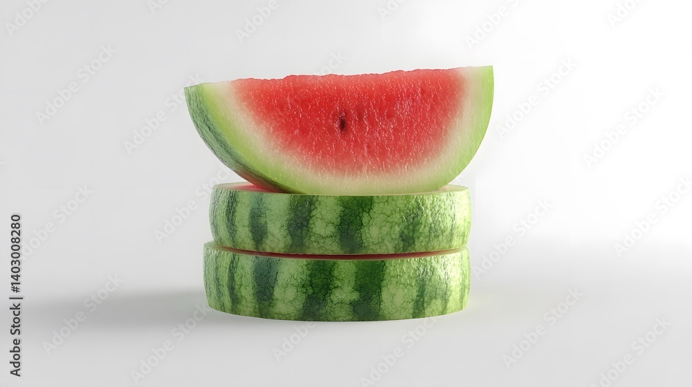 Poster a single slice of watermelon rests atop two stacked slices against a white background. the vibrant r