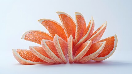 A vibrant arrangement of grapefruit slices, meticulously arranged to resemble a radiant flower. The segments showcase their juicy texture and bright orange hue against a clean white background.