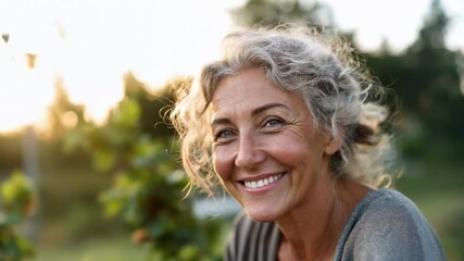 Portrait of a serene senior woman with gray curly hair outdoors at golden hour, smiling gently and looking at the camera with a calm and confident expression – Generative AI - Powered by Adobe