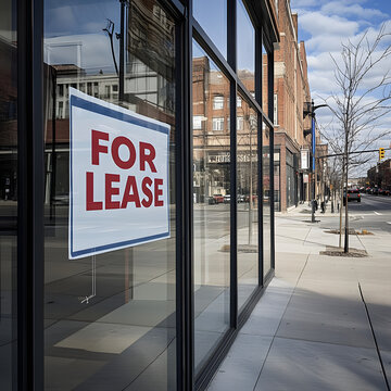 Empty commercial storefront with for lease sign on glass window in urban street setting, real estate opportunity, business space available for rent, downtown retail property
