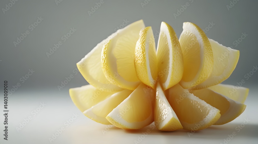 Poster close-up of a lemon artistically sliced into segments, arranged in a circular pattern on a light gra
