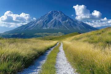 Fototapeta premium A gravel path leading toward a towering mountain under blue skies