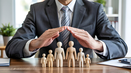 A professional in a suit forms a protective roof over wooden figurines symbolizing family or group protection in a bright, clean office environment with a warm, professional tone.