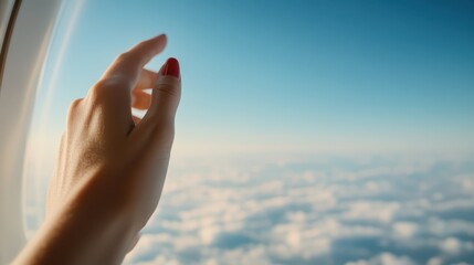 A hand reaching towards the clouds from an airplane window captures a moment of wonder and aspiration, reminiscent of travel dreams and serene sky gazing experiences.