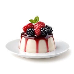 A smooth and glossy panna cotta with a soft creamy texture and fruit topping, isolated white background, hyperrealism art style