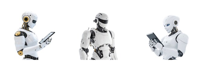 Fototapeta premium Advanced robots engaging with tablets and interactive communication devices