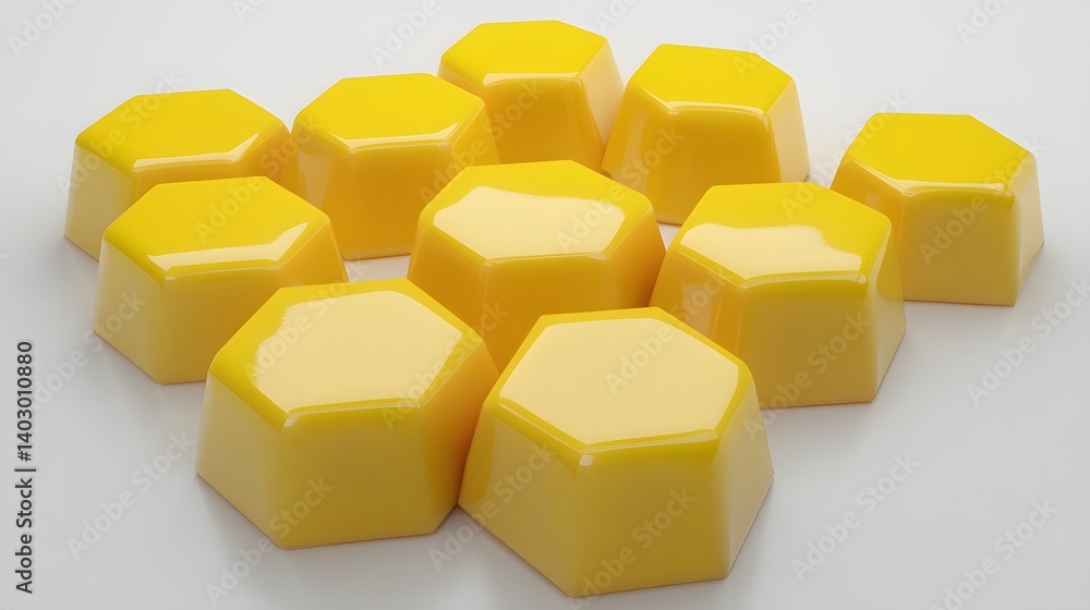 Poster close-up of ten glossy, hexagonal, yellow objects arranged in a honeycomb pattern on a white backgro